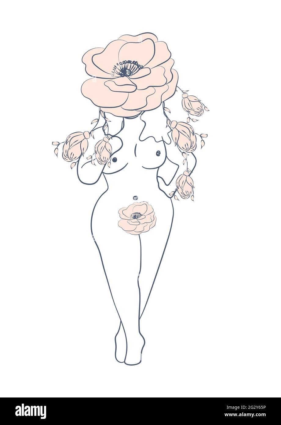 Silhouette einer Frau, weiblicher Körper, körperpositiv, kosmetisches Konzept mit Blumen, trendy beige, Schablone Stock Vektor