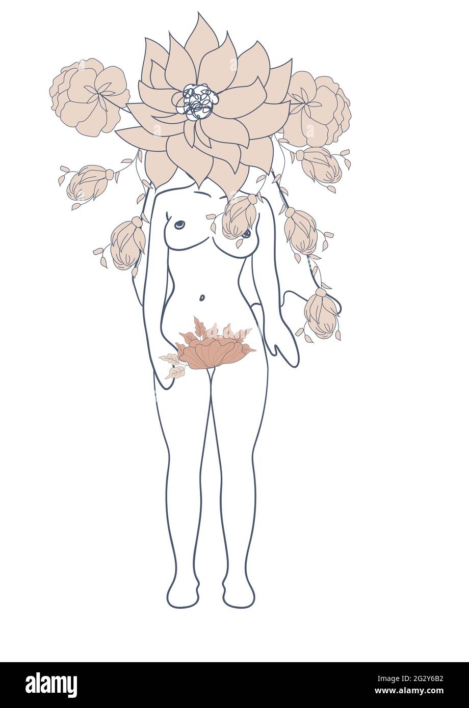 Silhouette einer Frau, weiblicher Körper, körperpositiv, kosmetisches Konzept mit Blumen, trendy beige, Schablone Stock Vektor