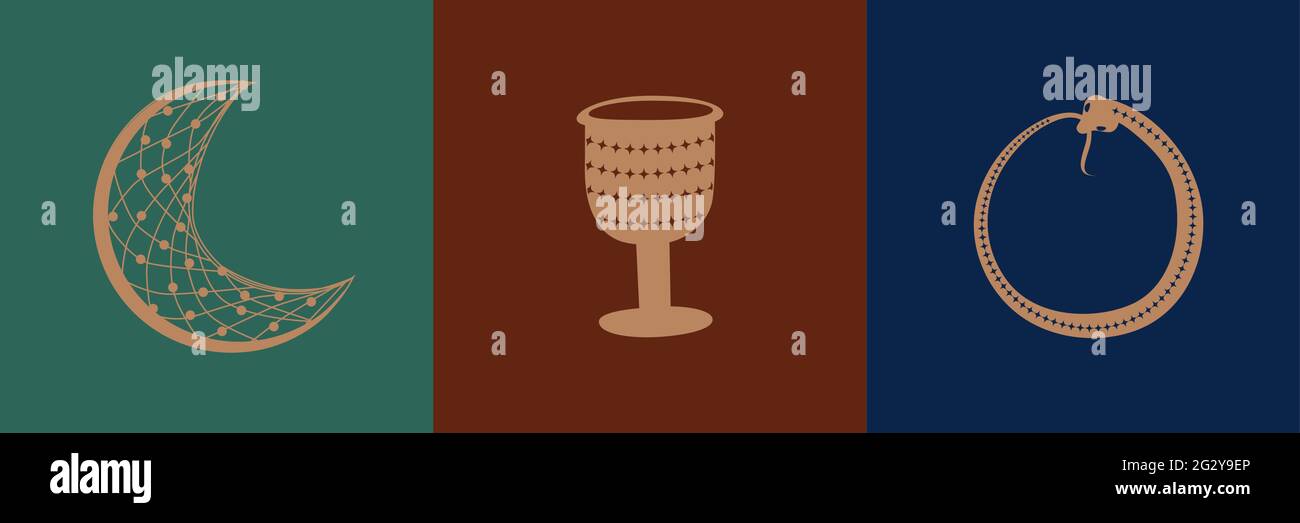 Sammlung von mystischen und geheimnisvollen Objekten, Schädeln, Tieren, Weltraumobjekten, Zauberball, Kristalle, menschliche Hände. Minimalistische Objekte Stock Vektor