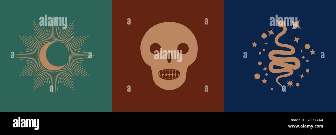 Sammlung von mystischen und geheimnisvollen Objekten, Schädeln, Tieren, Weltraumobjekten, Zauberball, Kristalle, menschliche Hände. Minimalistische Objekte Stock Vektor