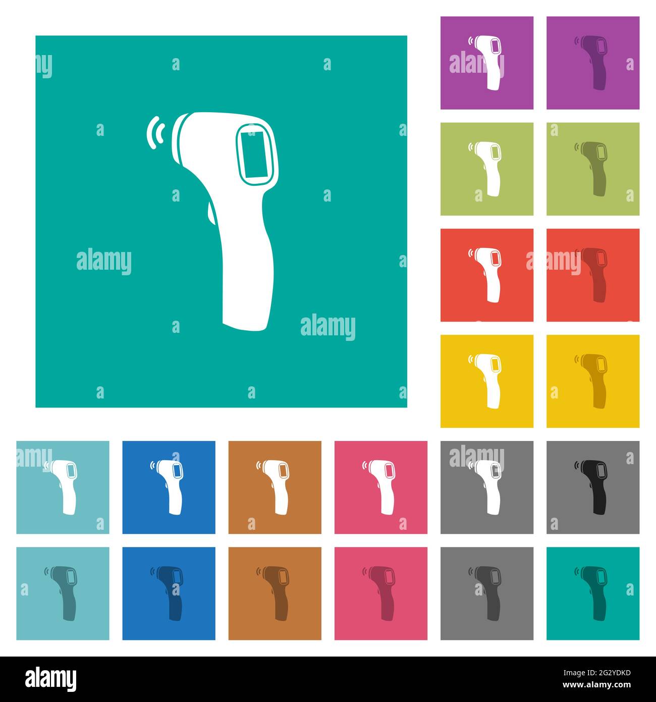 Mehrfarbige flache Symbole mit berührungslosem Thermometer auf schlichten quadratischen Hintergründen. Weiße und dunklere Symbolvarianten für schwebe- oder aktive Effekte. Stock Vektor