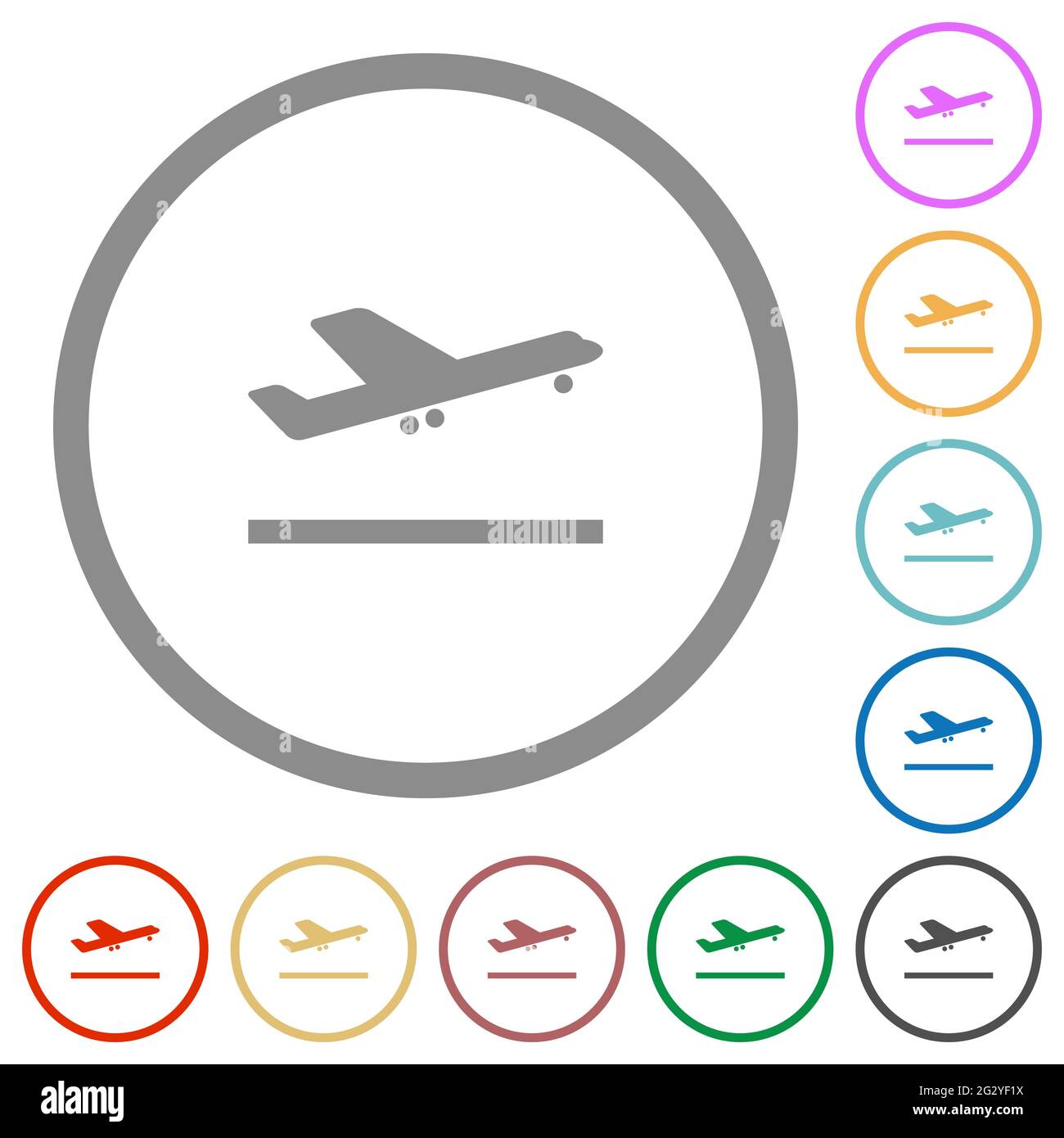 Flugzeug heben flache Farbsymbole in runden Umrissen auf weißem Hintergrund ab Stock Vektor