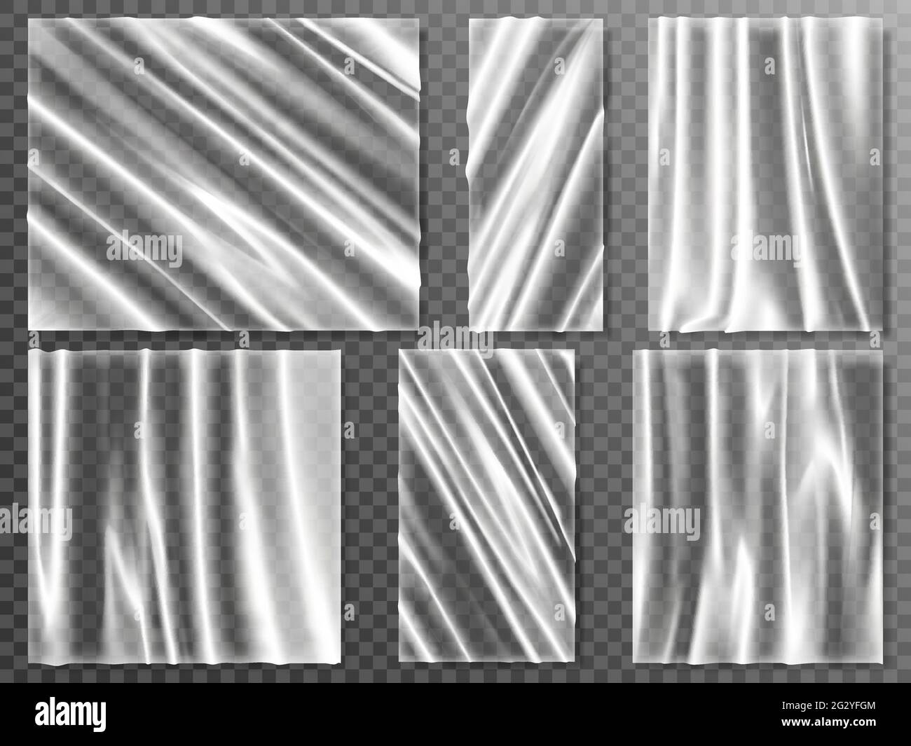 Realistische Kunststoffbanner. Transparente Kunststofffolie, glänzendes flexibles Material zerknittert Banner Vektor Illustration Set. Polyethylen-Strukturelemente Stock Vektor