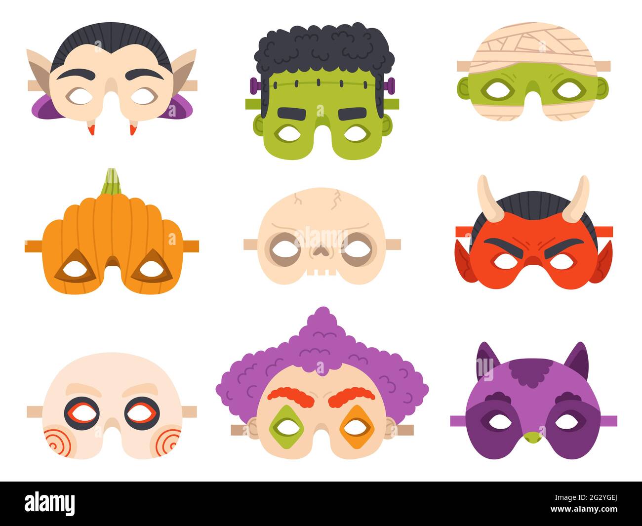 Halloween Karnevalsmasken. Happy halloween Teufel, Mama, Kürbis und Vampir Party Maske Vektor Illustration Set. Niedliche halloween Maskerade Masken Stock Vektor
