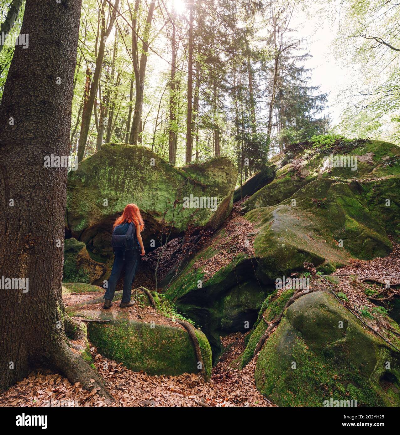 Die rothaarige junge Frau mit Rucksack genießt ihren Weg im grünen Frühlingswald. Konzept des aktiven Lebens. Stockfoto