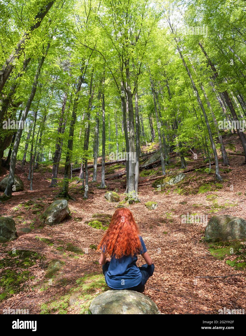 Junge rothaarige Frau, die in Lotuspose sitzt und sich im grünen Frühlingswald entspannt. Konzept des aktiven Lebens. Stockfoto