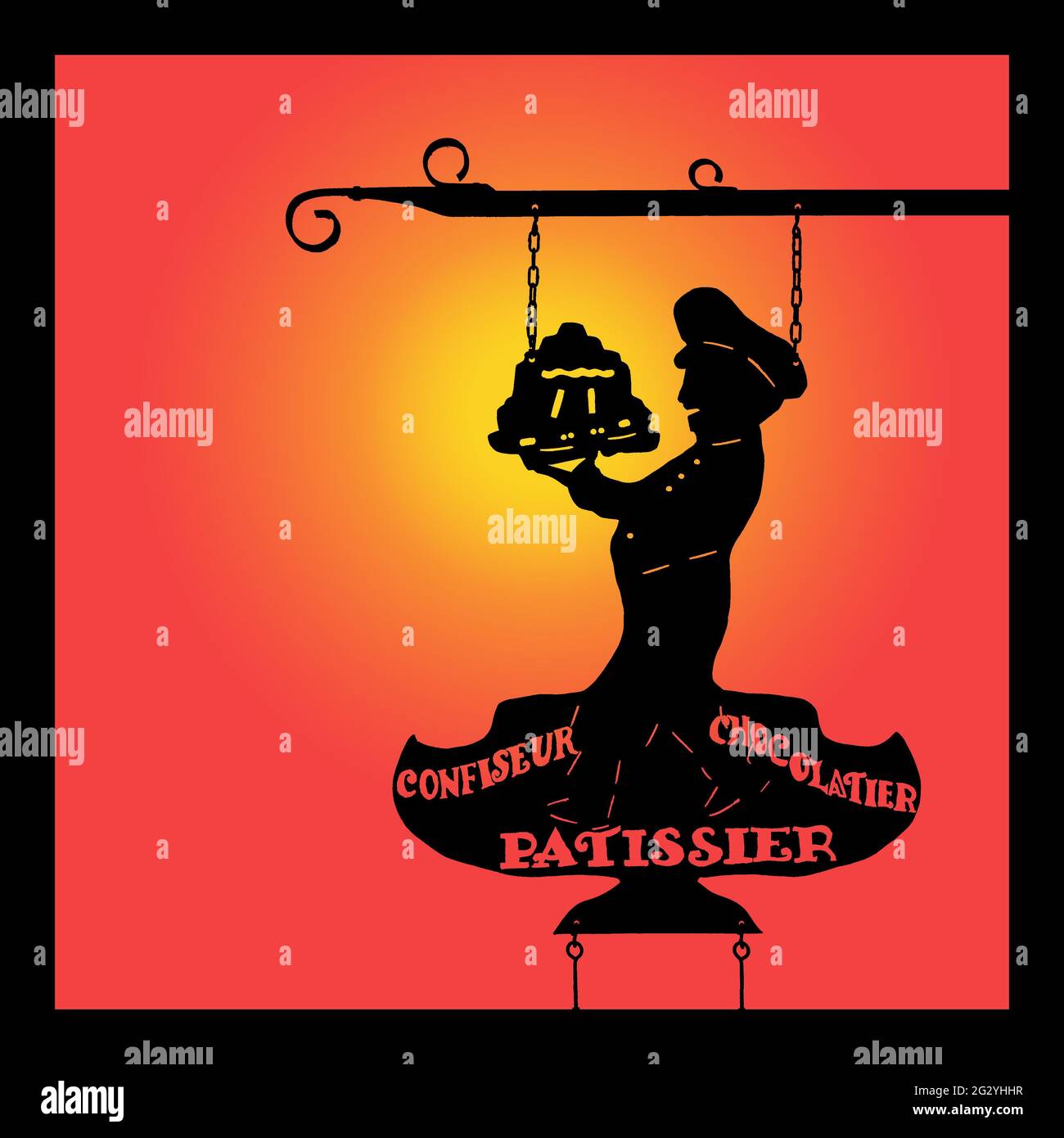 Schild der Konditorei, das die Silhouette eines Konditors zeigt, der einen Kuchen mit den Worten „Konditor, Chocolatier und Konditor“ hält (auf französisch) Stockfoto