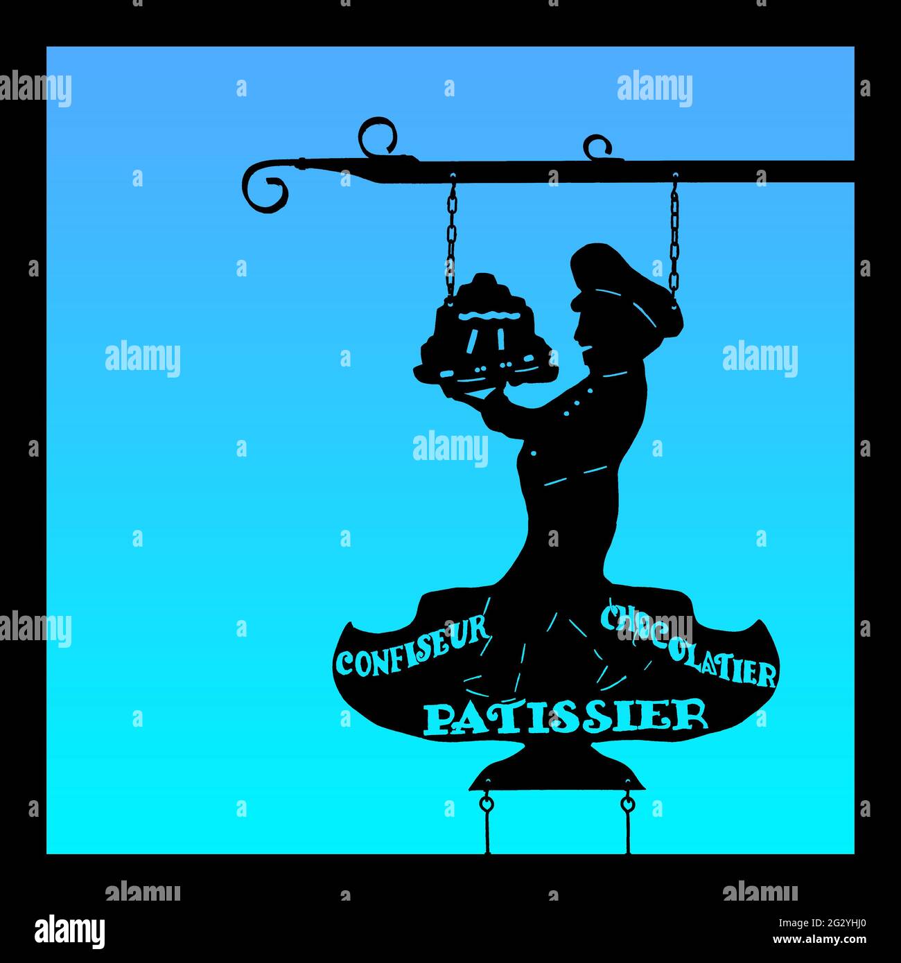 Schild der Konditorei, das die Silhouette eines Konditors zeigt, der einen Kuchen mit den Worten „Konditor, Chocolatier und Konditor“ hält (auf französisch) Stockfoto