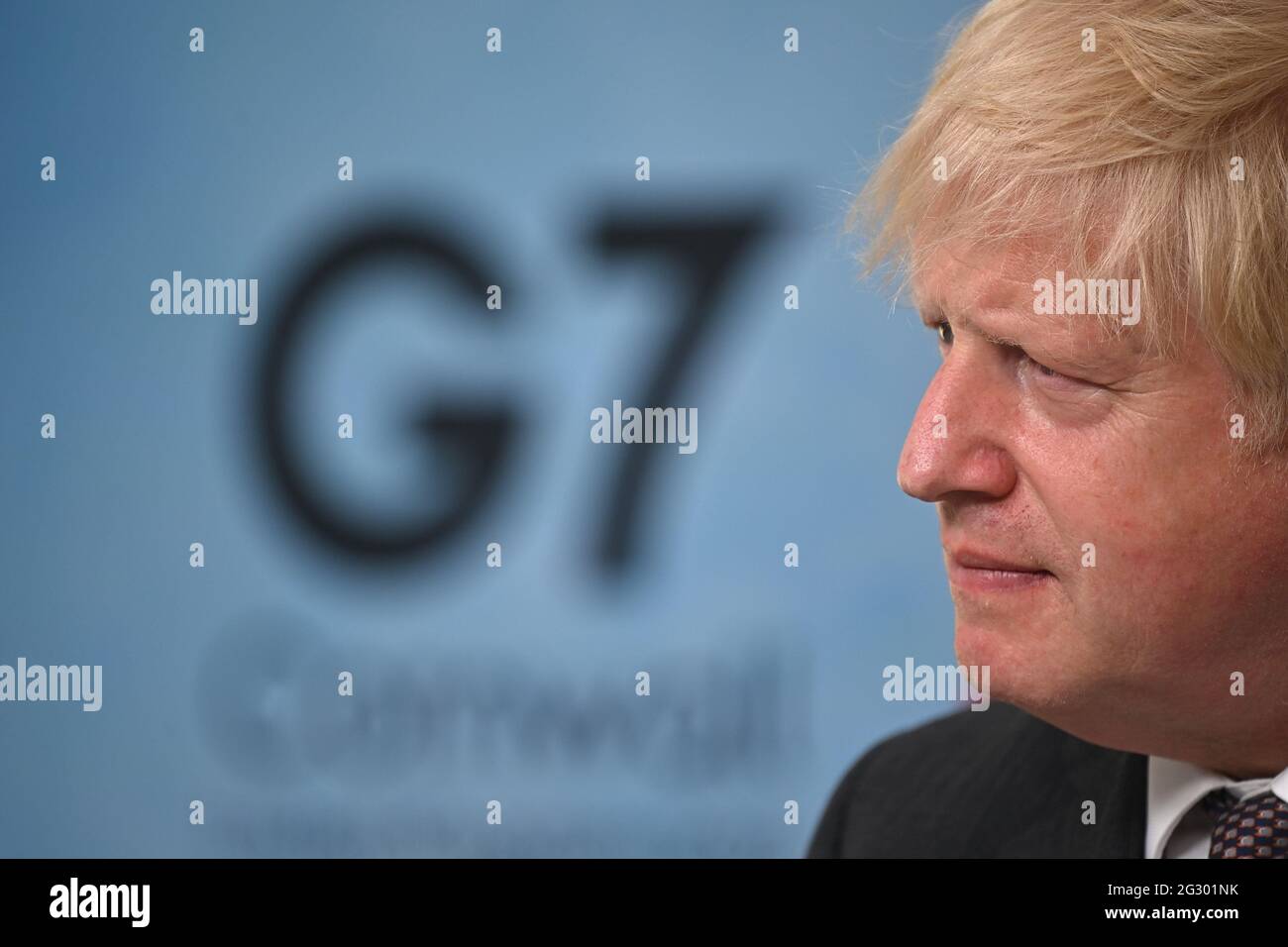 Premierminister Boris Johnson während einer Pressekonferenz am letzten Tag des G7-Gipfels in Cornwall. Bilddatum: Sonntag, 13. Juni 2021. Stockfoto