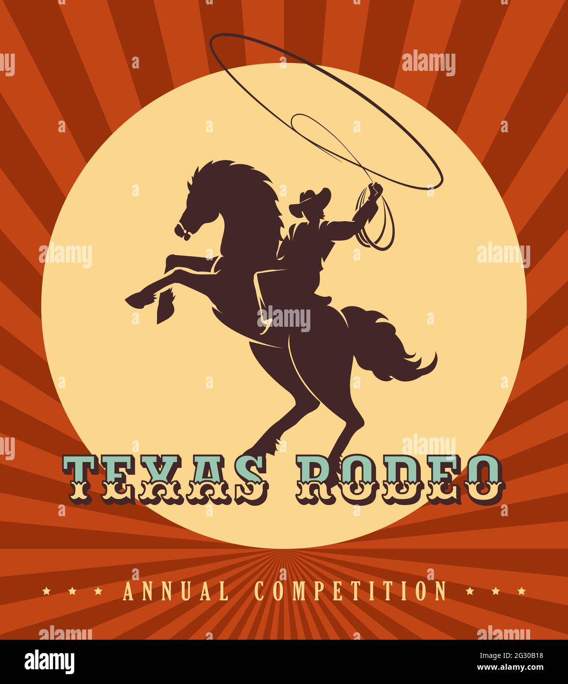 Vintage Rodeo-Poster. Silhouette von Cowboy mit Lasso reiten ein wildes Pferd. Vektorgrafik. Stock Vektor