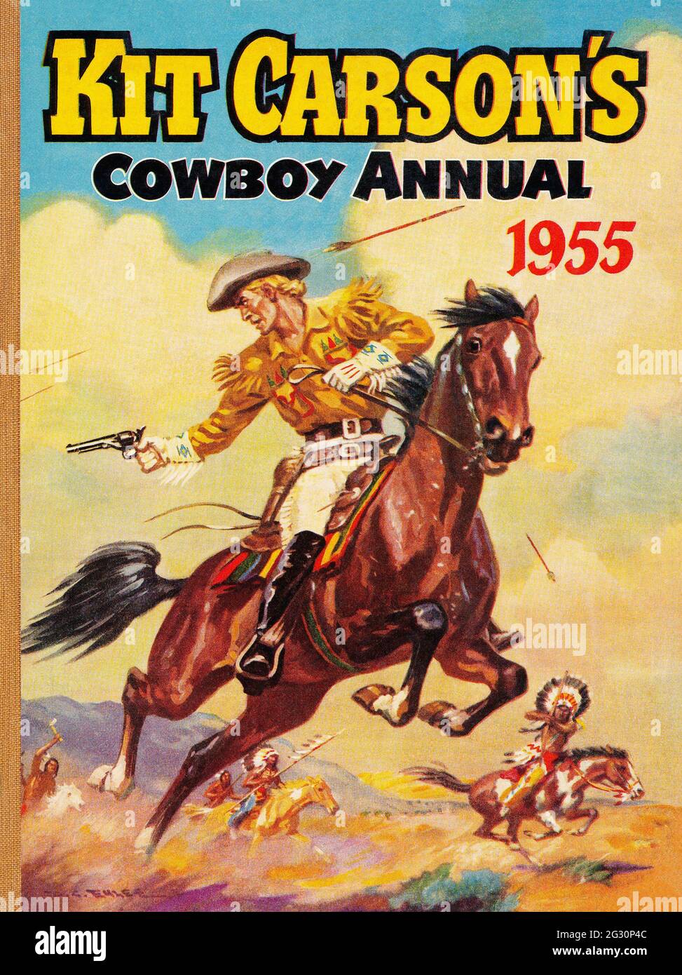 Vintage-Kinderbuchcover von Kit Carson's Cowboy Annual 1955, herausgegeben von Amalgamated Press. Illustration von D.C. Eyles. Stockfoto