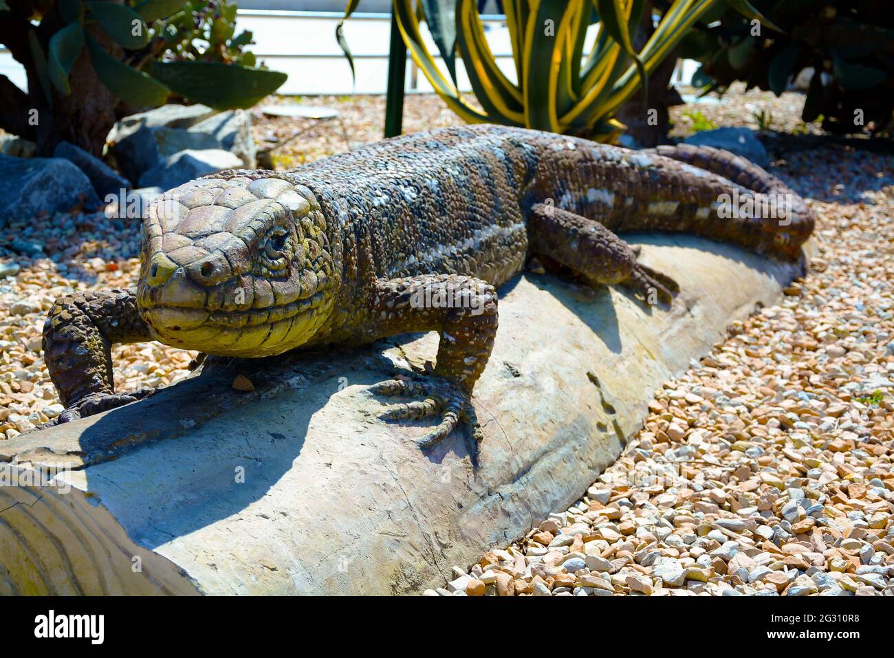 Statue einer riesigen prähistorischen Eidechse, sieht erschreckend aus Stockfoto