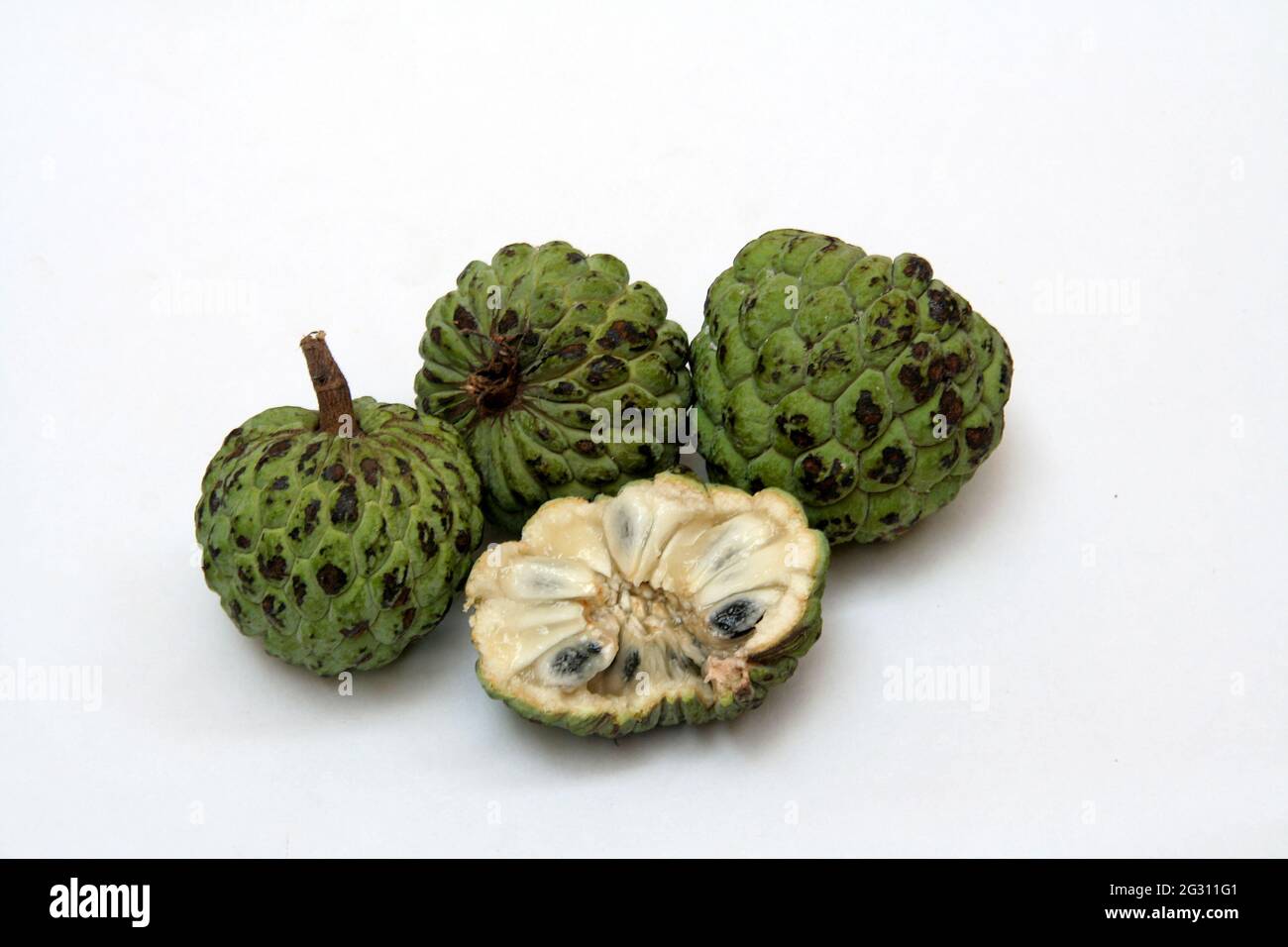 Grüne, schuppige Pudding-Apfel-Früchte mit langen, schwarzen Samen isoliert auf weißem Backgrou Stockfoto