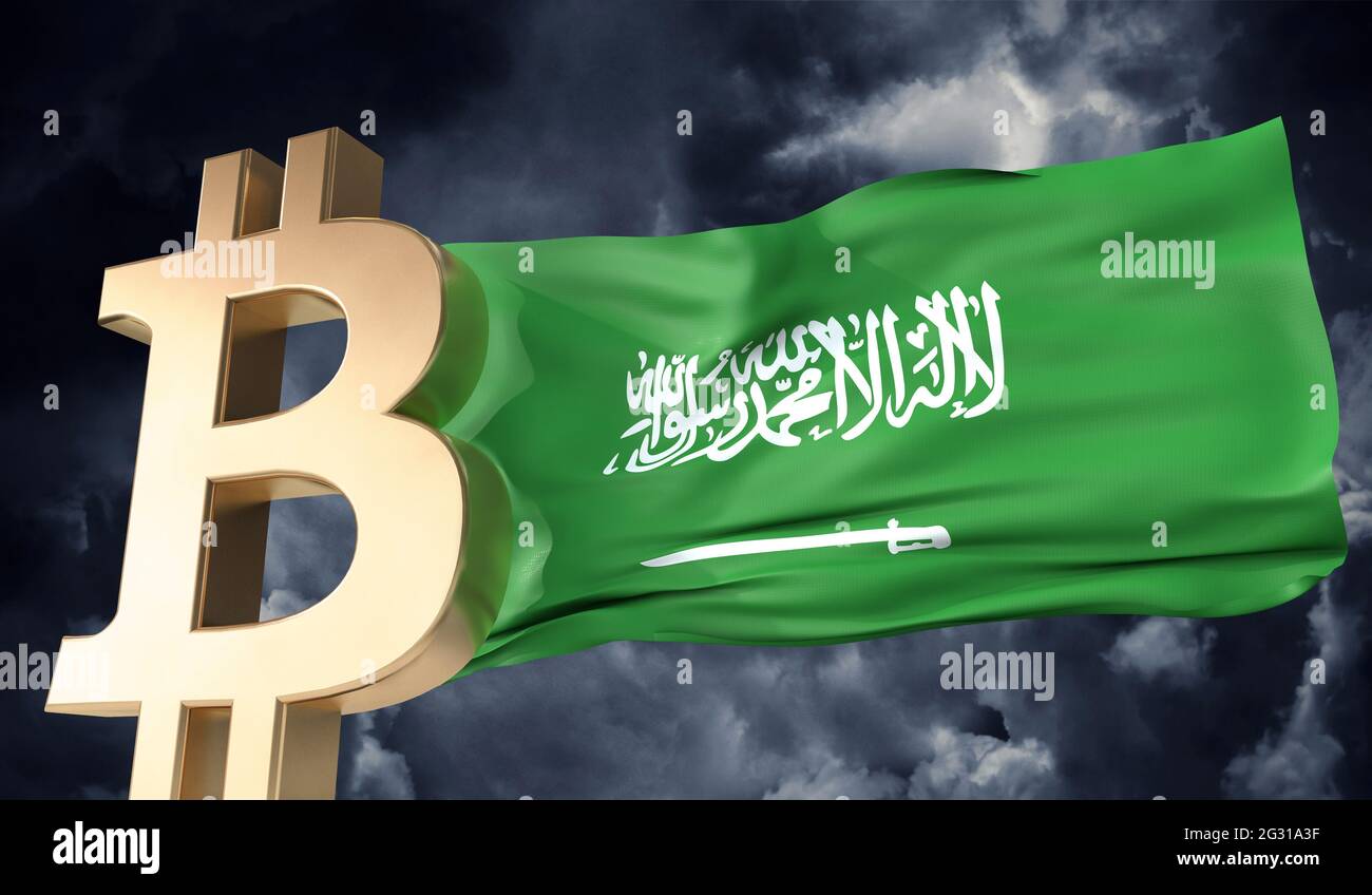 Goldbitcoin-Kryptowährung mit einer wehenden Saudi-Arabien-Flagge. 3D-Rendering Stockfoto