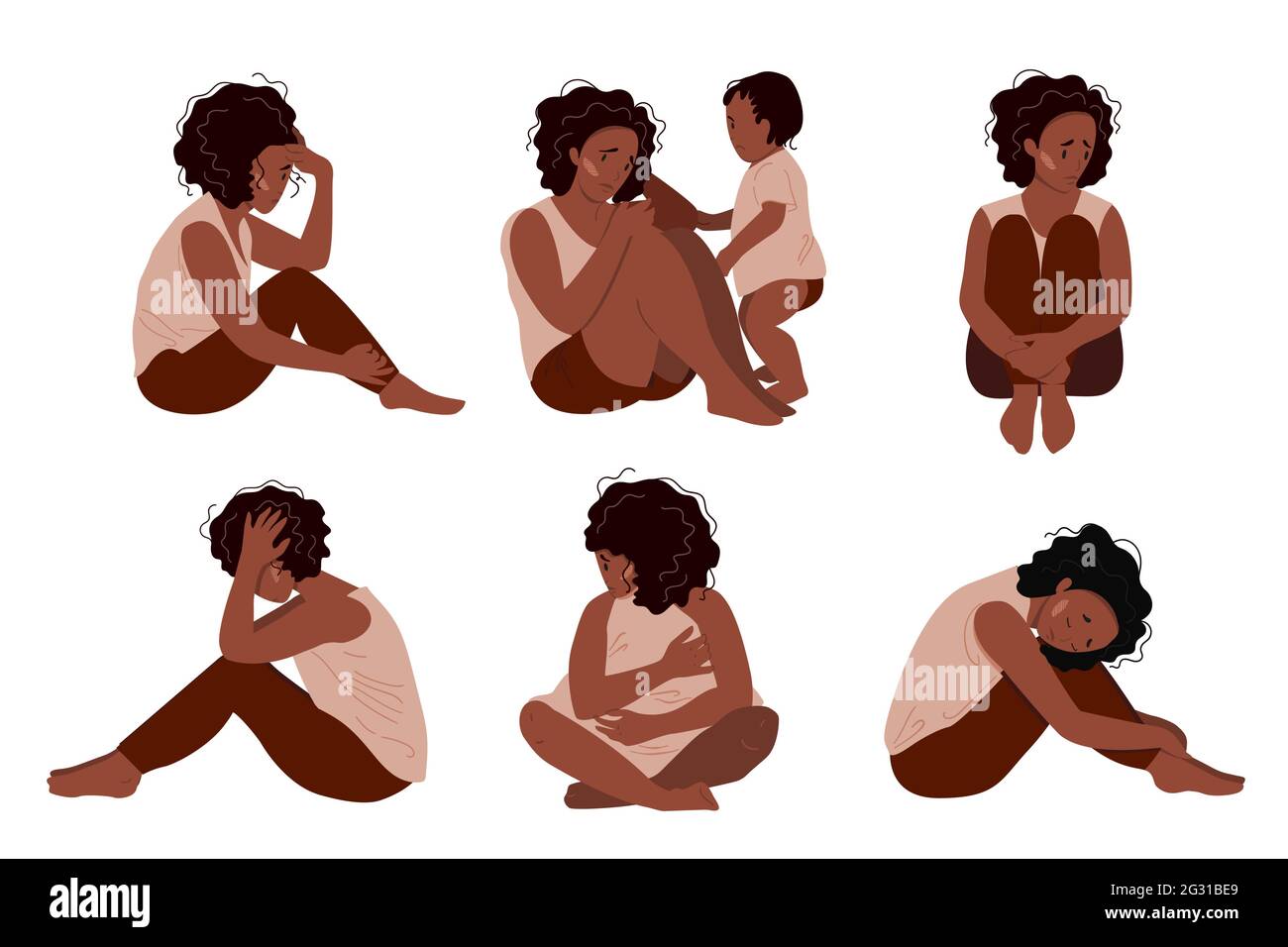 Traurige Mutter, die mit ihrem weinenden Kind auf dem Boden sitzt. Postpartale Depression Konzept. Bunte Vektor-Illustration in flachen Cartoon-Stil. Stock Vektor