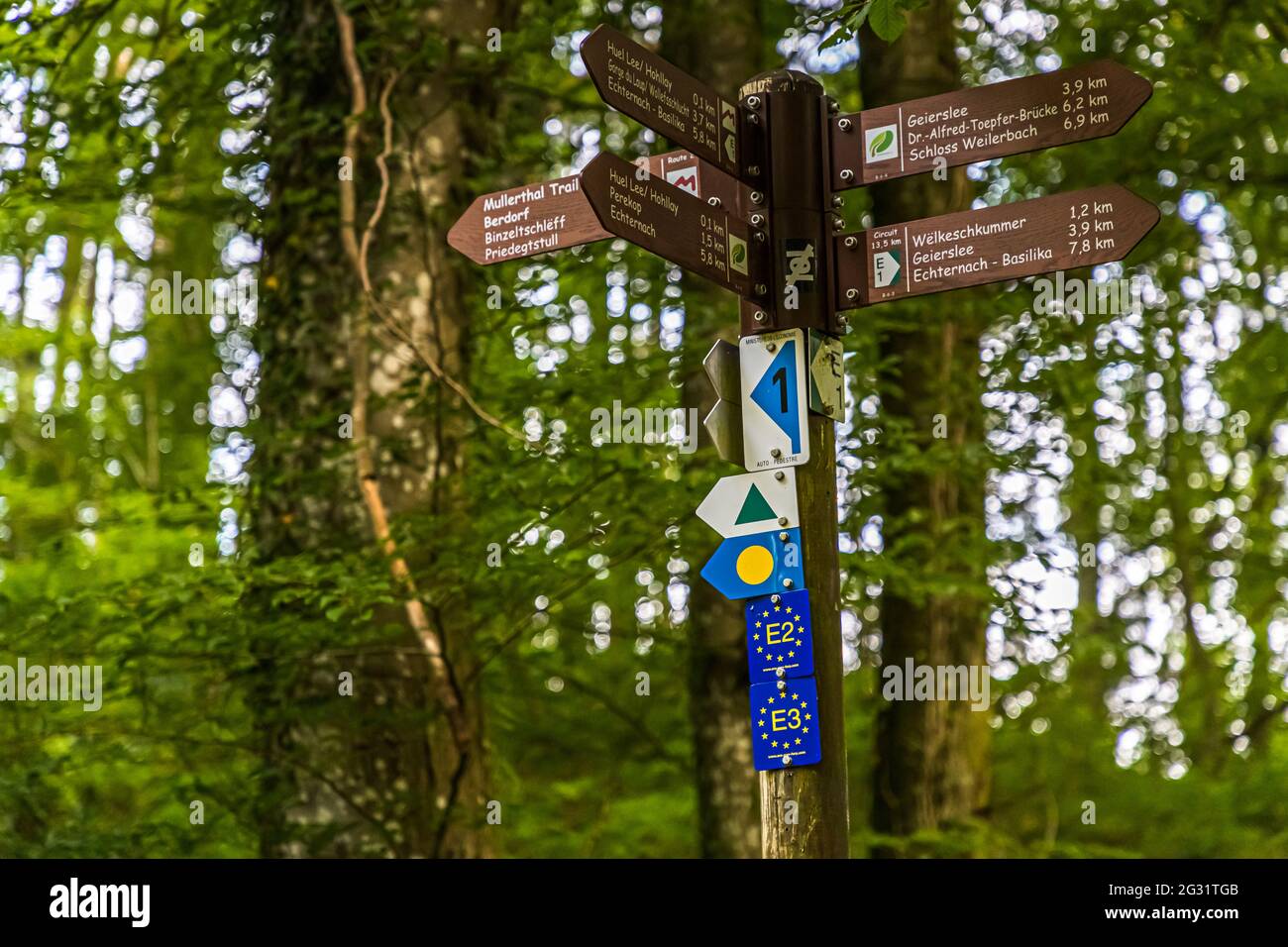 Markierte Wanderwege in Luxemburg. Kleiner Schilderwald im Müllerthal. Der Müllerthal Trail besteht aus drei Schleifen. Sie sind miteinander verbunden und können auch getrennt geführt werden. Um den Überblick zu behalten, ist auch eine Wander-App hilfreich Stockfoto