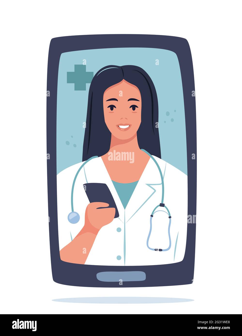 Lächelnde Ärztin online auf dem Telefonbildschirm. Gesundheitskonzept. Videoaufnahmen des Arztes. Online-medizinische Beratung. Mobile App-Konzept der Medizin. Virtu Stock Vektor