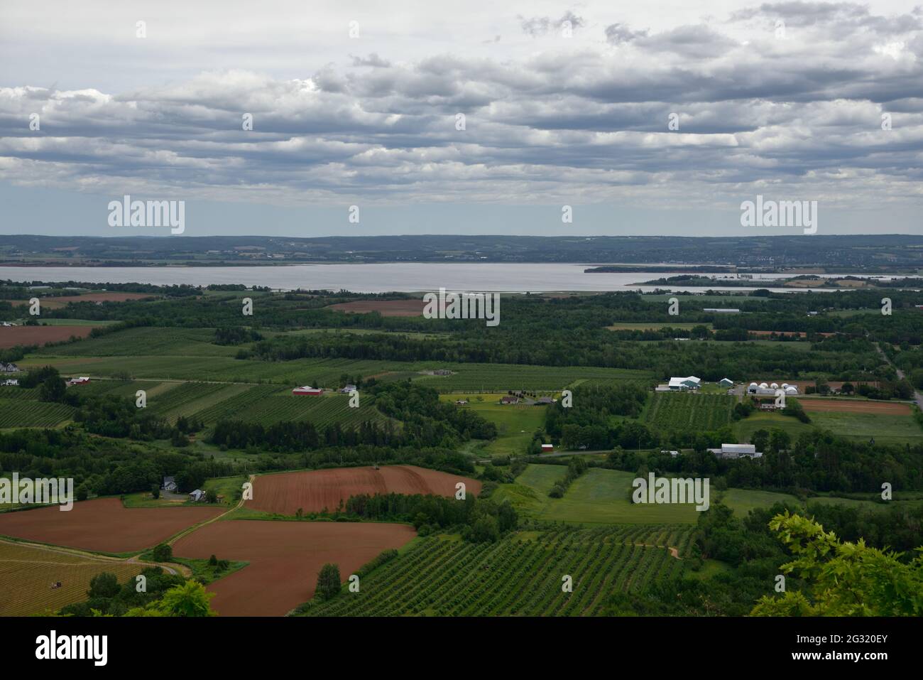 Blick vom Look Off in der Nähe von Canning Nova Scotia Blick auf das fruchtbare Minas-Becken, das von den Gezeiten der Bay of Fundy gespeist und seit Jahrhunderten bewirtschaftet wird Stockfoto