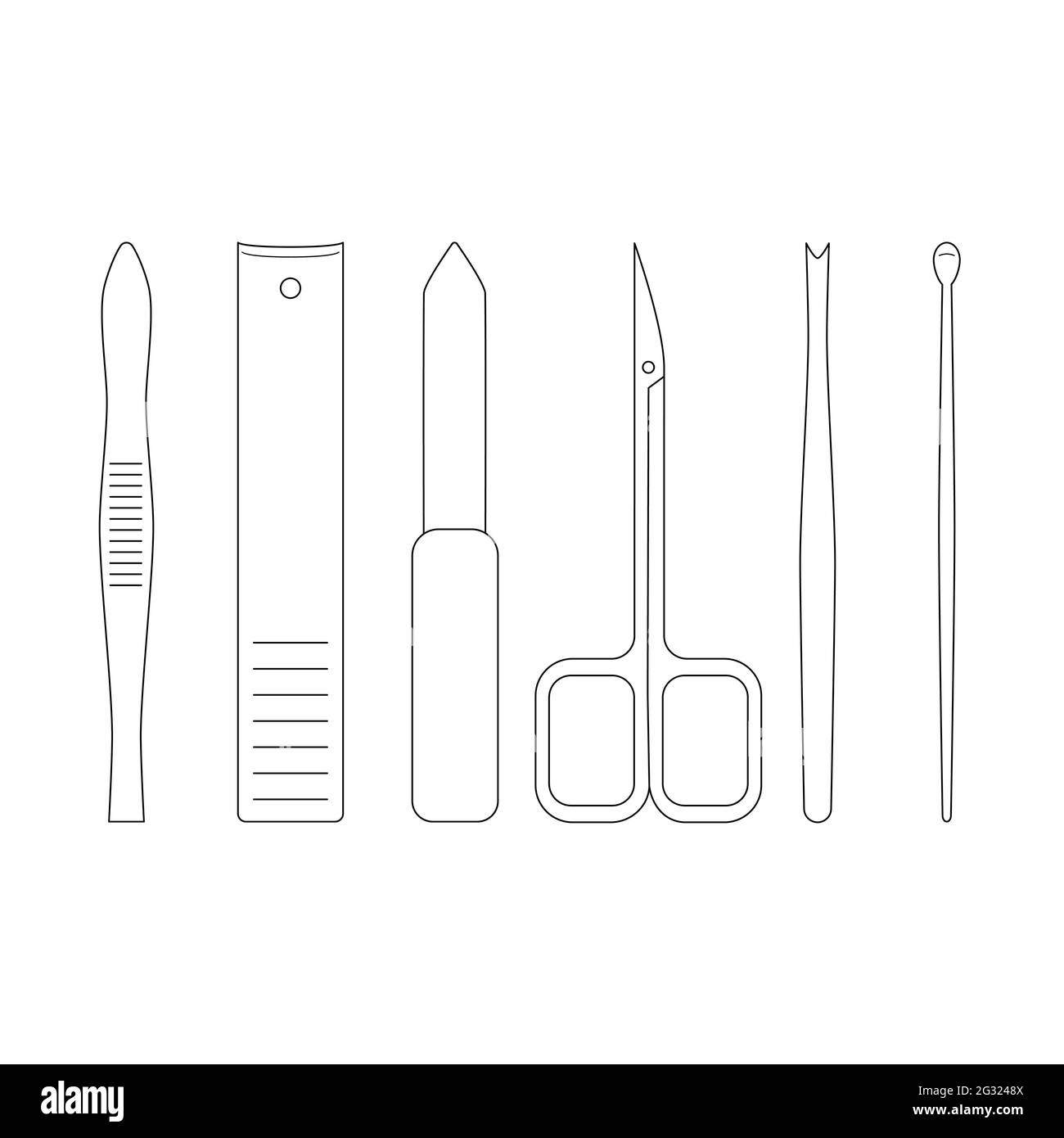 Maniküre-Set enthält Werkzeuge für die Hand-, Gesichts- und Fußpflege. Vektorkontursymbole. Stock Vektor