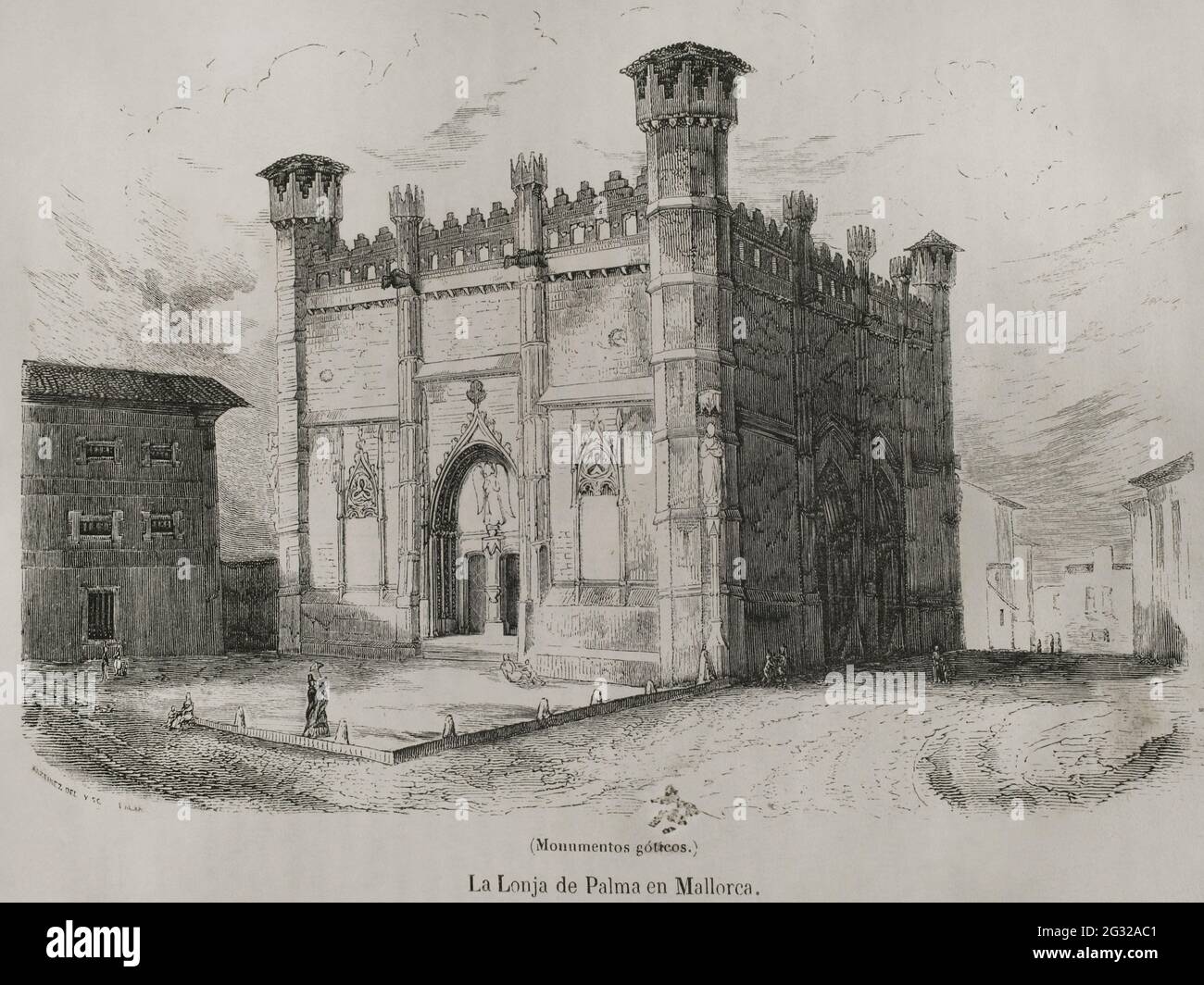 Spanien, Balearen, Mallorca. Palma. La Lonja oder Sa Llotja (Palma Markt). Altes gotisches Marktgebäude, erbaut von Guillem Sagrera im Jahr 1426. Gravur. Las Glorias Nacionales, 1853 Stockfoto