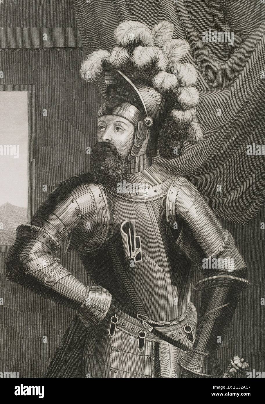 Wilfred I The Hairy (840- 897). Graf von Barcelona, Cerdanya, Urgell, Girona und Besalú. Hochformat. Stich von Antonio Roca. Las Glorias Nacionales, 1853. Stockfoto