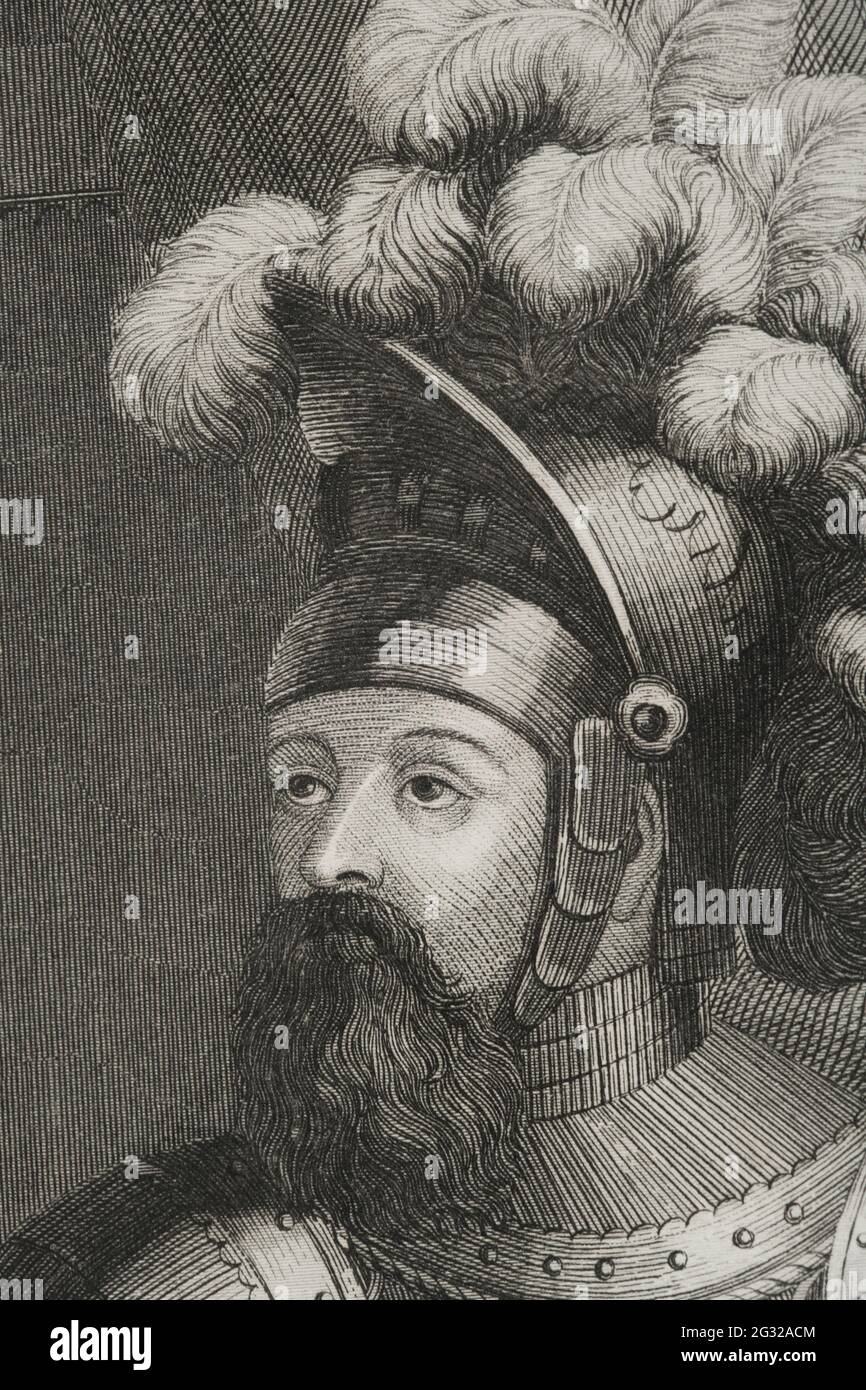 Wilfred I The Hairy (840- 897). Graf von Barcelona, Cerdanya, Urgell, Girona und Besalú. Porträt, Detail. Stich von Antonio Roca. Las Glorias Nacionales, 1853. Stockfoto