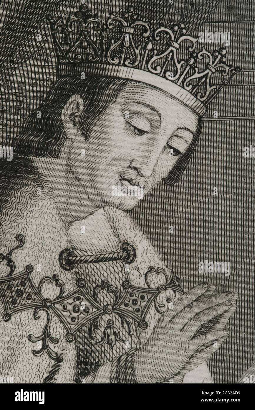Alfonso VIII. Von Kastilien (1155-1214), genannt der Edle oder der der Navas. König von Kastilien von 1159 und König von Toledo. Porträt, Detail. Stich von Antonio Roca. Las Glorias Nacionales, 1853. Stockfoto