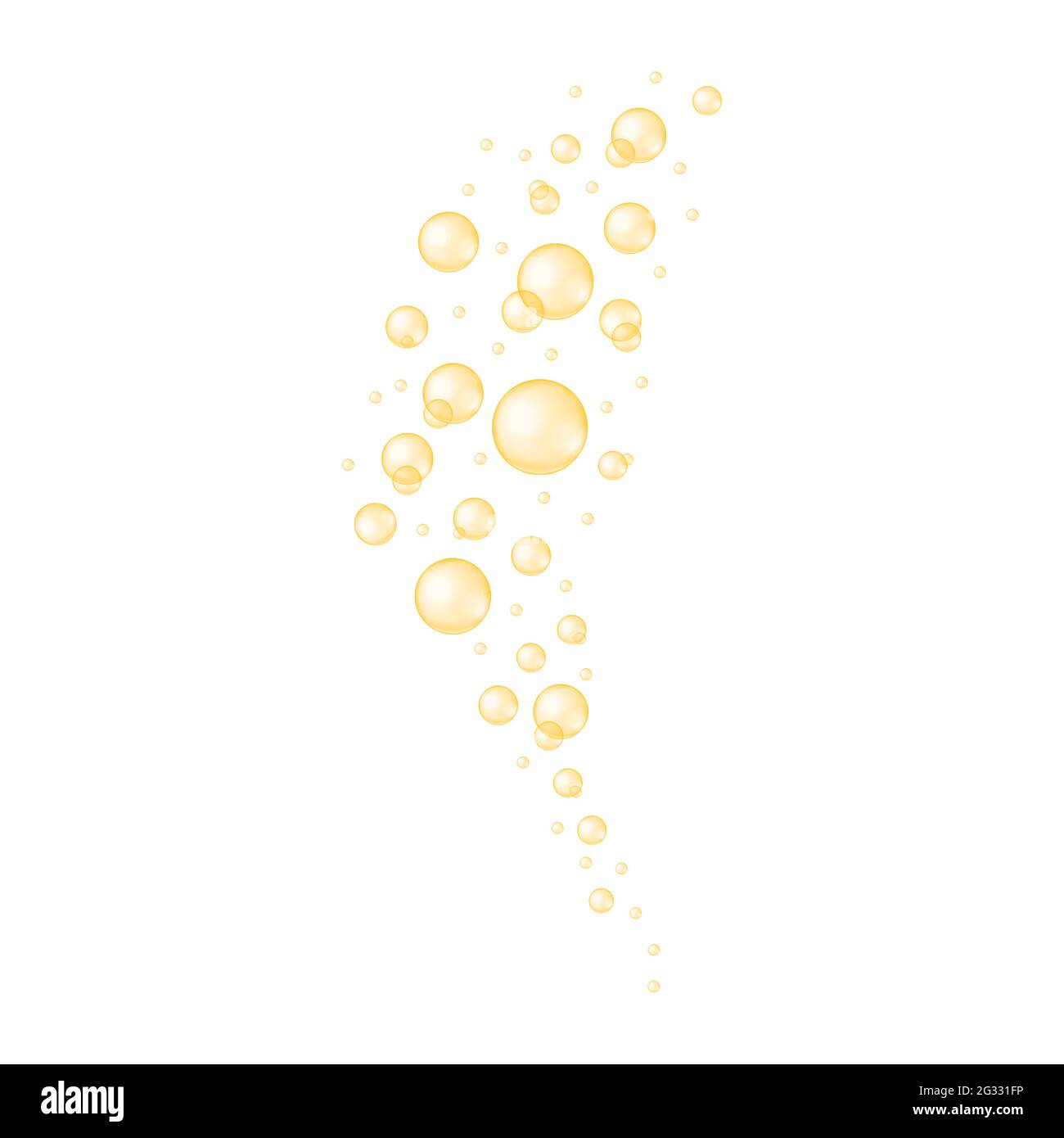 Goldblasen strömen. Kohlensäurehaltige Textur von Getränken. Glänzende Kugeln aus Kollagen, Serum, Jojoba-Kosmetiköl, Vitamin A oder E, Omega-Fettsäuren. Vektor-realistische Darstellung. Stock Vektor