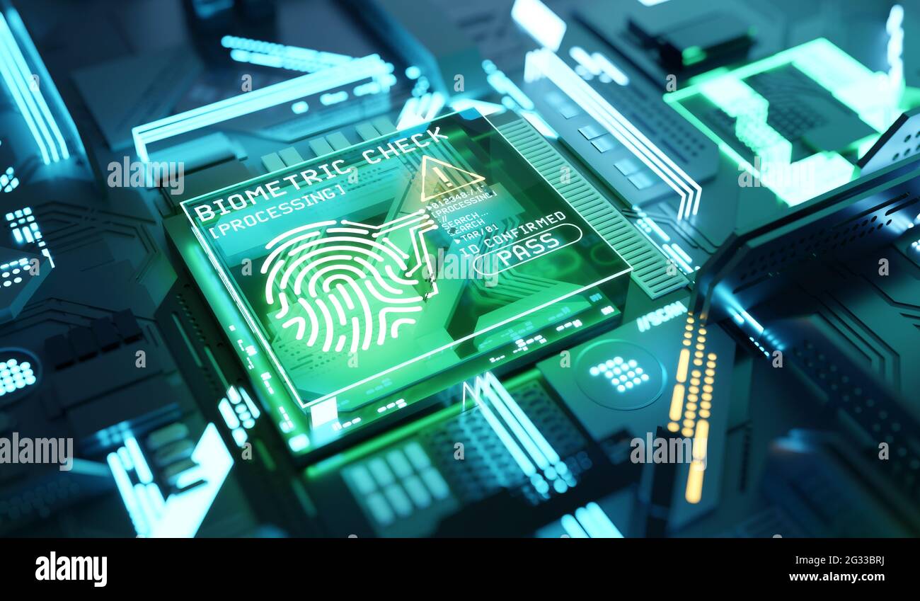 Online- und Digitaler biometrischer Fingerabdruck-Sicherheitsscanner. Überprüfung der Netzwerk- und persönlichen Identität. 3D-Illustration. Stockfoto