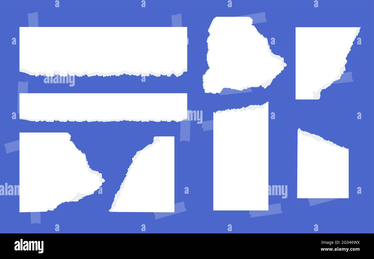 Set von Stücken weißes zerrissenes Papier mit Scotch-Klebeband. Verschiedene Formen für zerrissenes Papier für Notizen, Erinnerungen oder Nachrichten. Leere Schablone mit zerrissenen Blattschnitteln für Text. Notizbuch. Vektorgrafik Stock Vektor