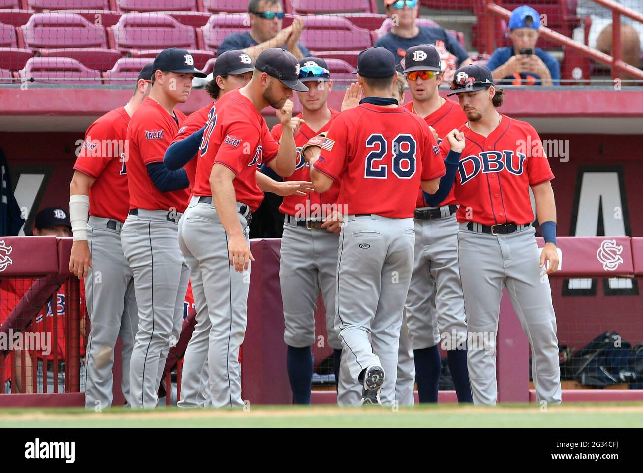 Columbia, South Carolina, USA. 13. Juni 2021. Während eines NCAA Super Regional Spiels zwischen den DBU Patriots und der University of Virginia Cavaliers in Columbia, South Carolina. (Obligatorische Gutschrift: Shane Roper/CSM). Kredit: csm/Alamy Live Nachrichten Stockfoto