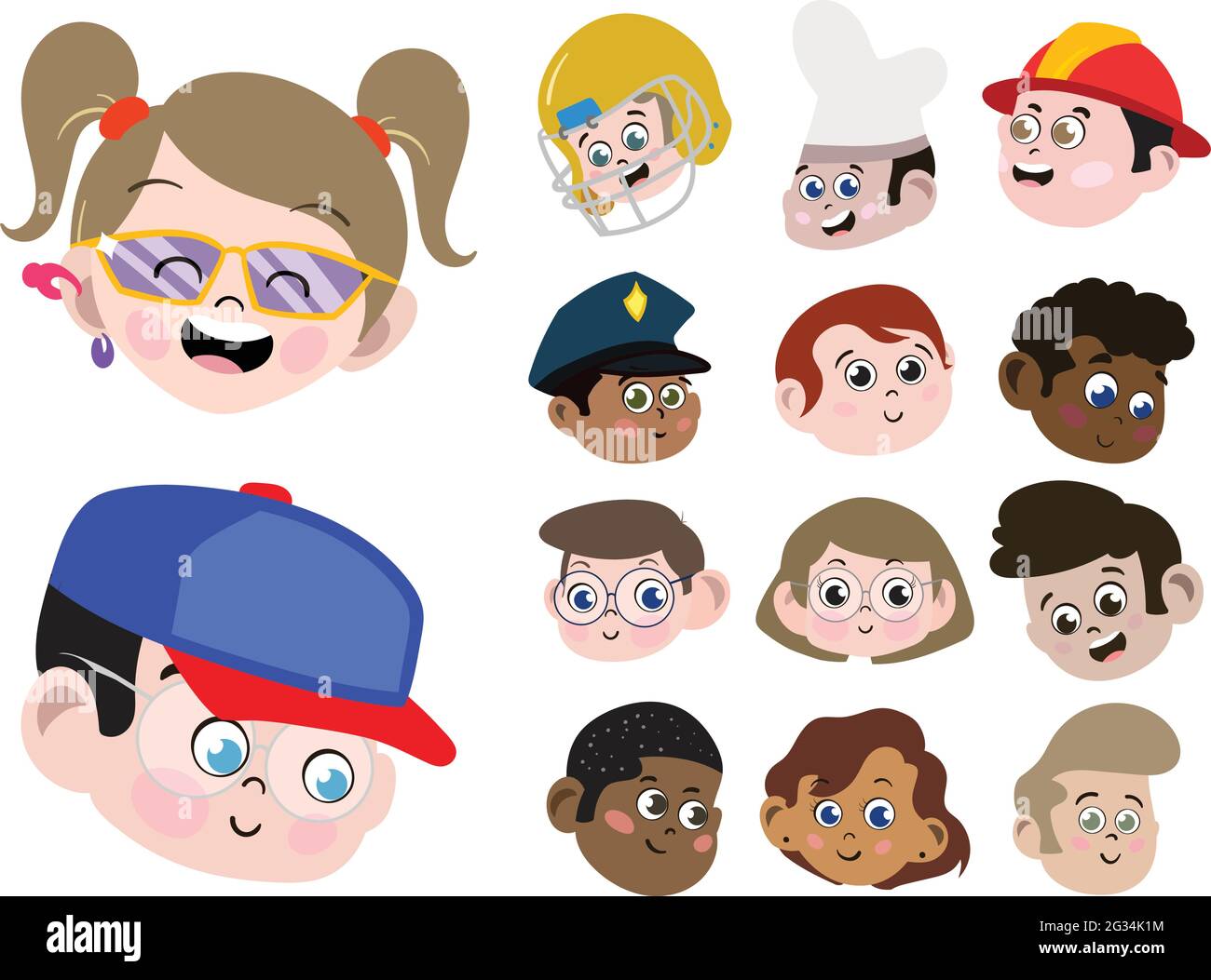 Big Vector Pack mit 14 Gesichtern von Kindern verschiedener Geschlechter Rasse und Berufe. Niedliche und entzückende Kinder mit verschiedenen Ausdrücken und Frisuren. Stock Vektor