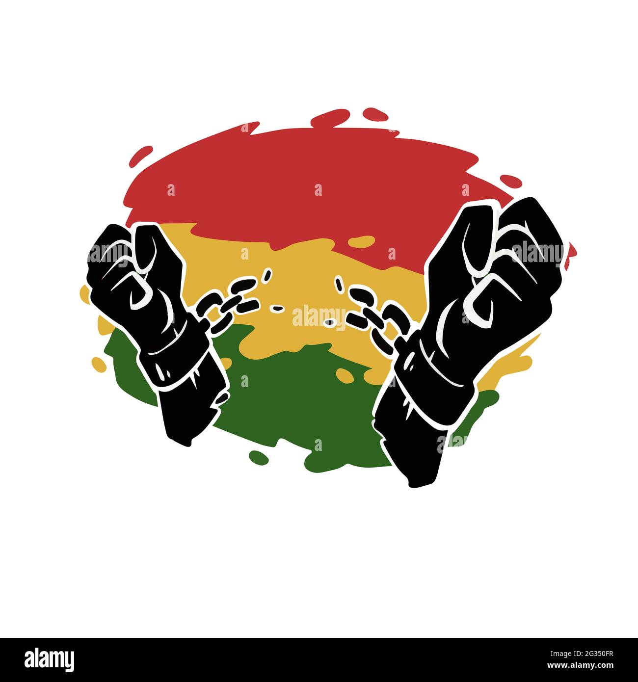 Juneteenth Freedom Jubilee Liberation Emancipation Day Feier Hand mit gebrochenen Ketten und Hintergrund Flagge Stockfoto