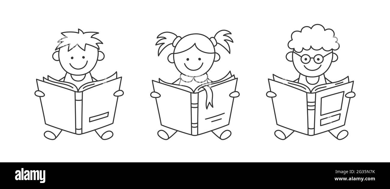 Handgezeichnete kleine Kinder halten Bücher offen und lesen. Kindererziehung. Jungen und Mädchen lesen Bücher. Satz von Vektorgrafiken, isoliert auf Weiß Stock Vektor