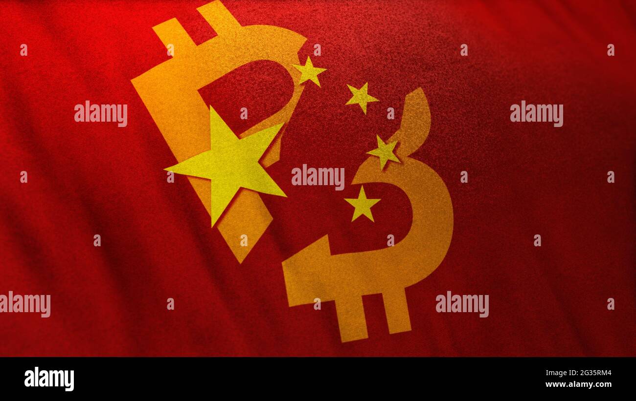 Chinesische Flaggensymbole mit Bitcoin-Symbol, das das Verbot der Kryptominierung und die Verwendung von Kryptowährung in China darstellt Stockfoto