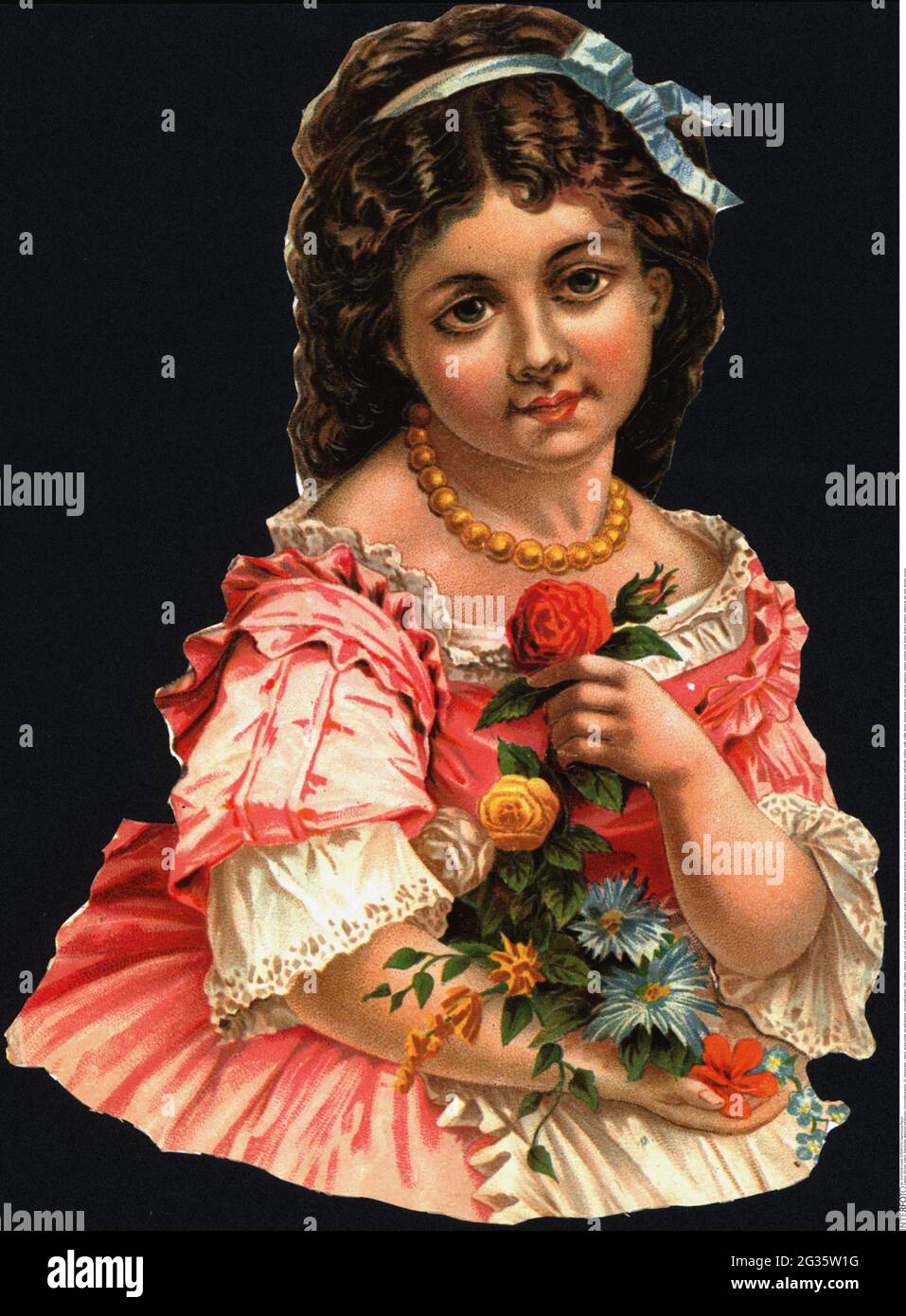 Kitsch, Hochglanzdrucke, Mädchen mit Blumen, Chromolithographie, 20. Jahrhundert, Clipping, cut out, cut-out, ADDITIONAL-RIGHTS-CLEARANCE-INFO-NOT-AVAILABLE Stockfoto