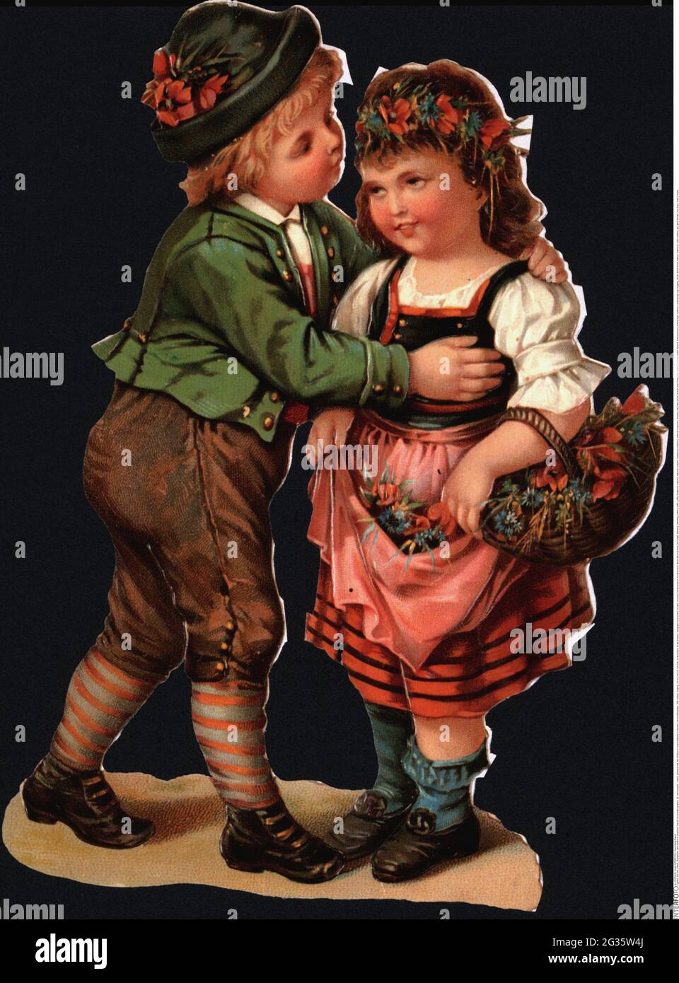 Kitsch, Hochglanzdrucke, zwei Kinder in ländlichen Trachten, Chromolithographie, 20. Jahrhundert, ZUSÄTZLICHE-RIGHTS-CLEARANCE-INFO-NOT-AVAILABLE Stockfoto