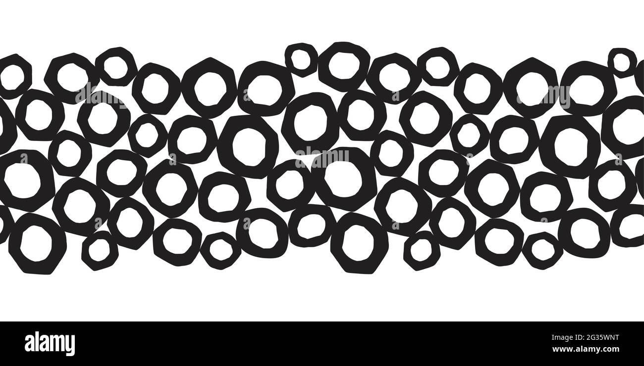 Abstrakt Nahtloser Rand mit schwarzen Kreisen, Vektor Rapportiertes Muster horizontal mit runden Papier Schnitt Formen Blasen einfache handgezeichnete Textur Stock Vektor