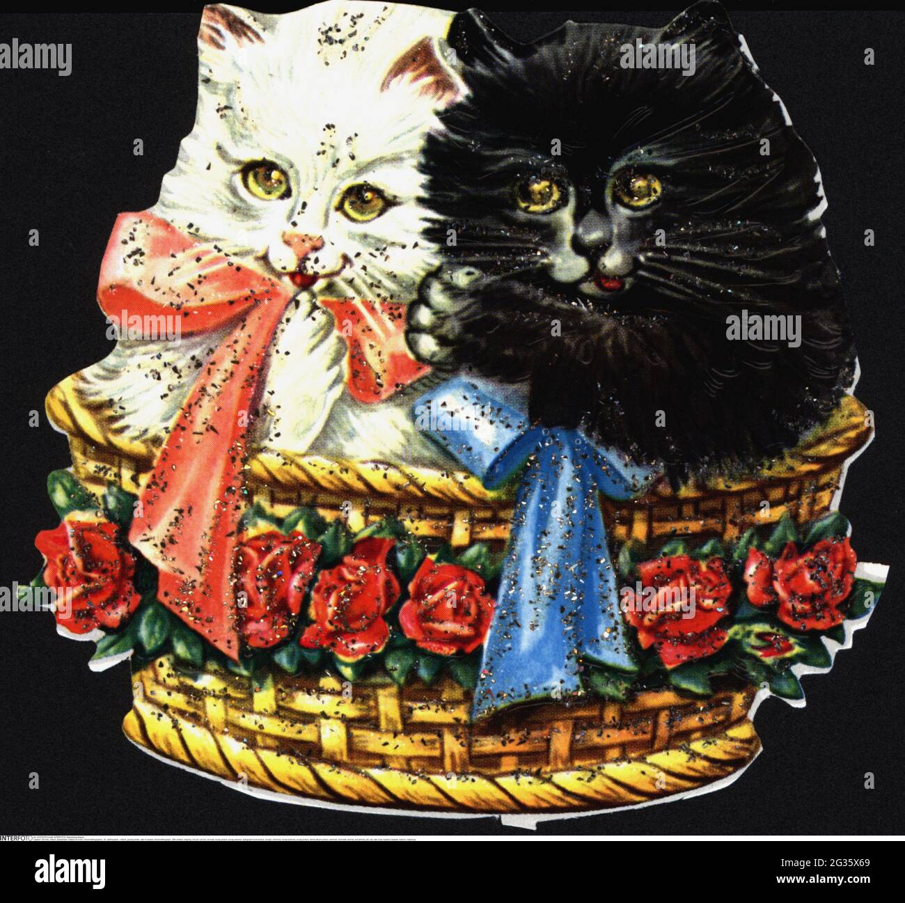 Kitsch, Hochglanzdrucke, Katzen im Korb, Chromolithographie, 20. Jahrhundert, Clipping, cut out, cut-out, ADDITIONAL-RIGHTS-CLEARANCE-INFO-NOT-AVAILABLE Stockfoto