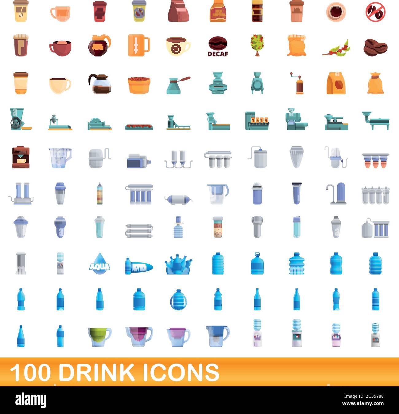 100 Getränke-Symbole gesetzt. Cartoon Illustration von 100 Getränke-Icons Vektor-Set isoliert auf weißem Hintergrund Stock Vektor