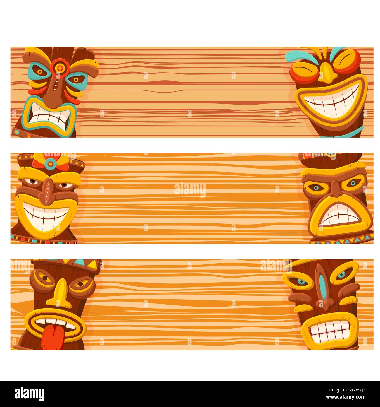 Set von horizontalen Banner mit hawaiian traditionellen Tribal Tiki Maske und Holzstruktur. Polynesische Masken oder Totems Kollektion. Traditionelles afrikanisches Holz Stock Vektor