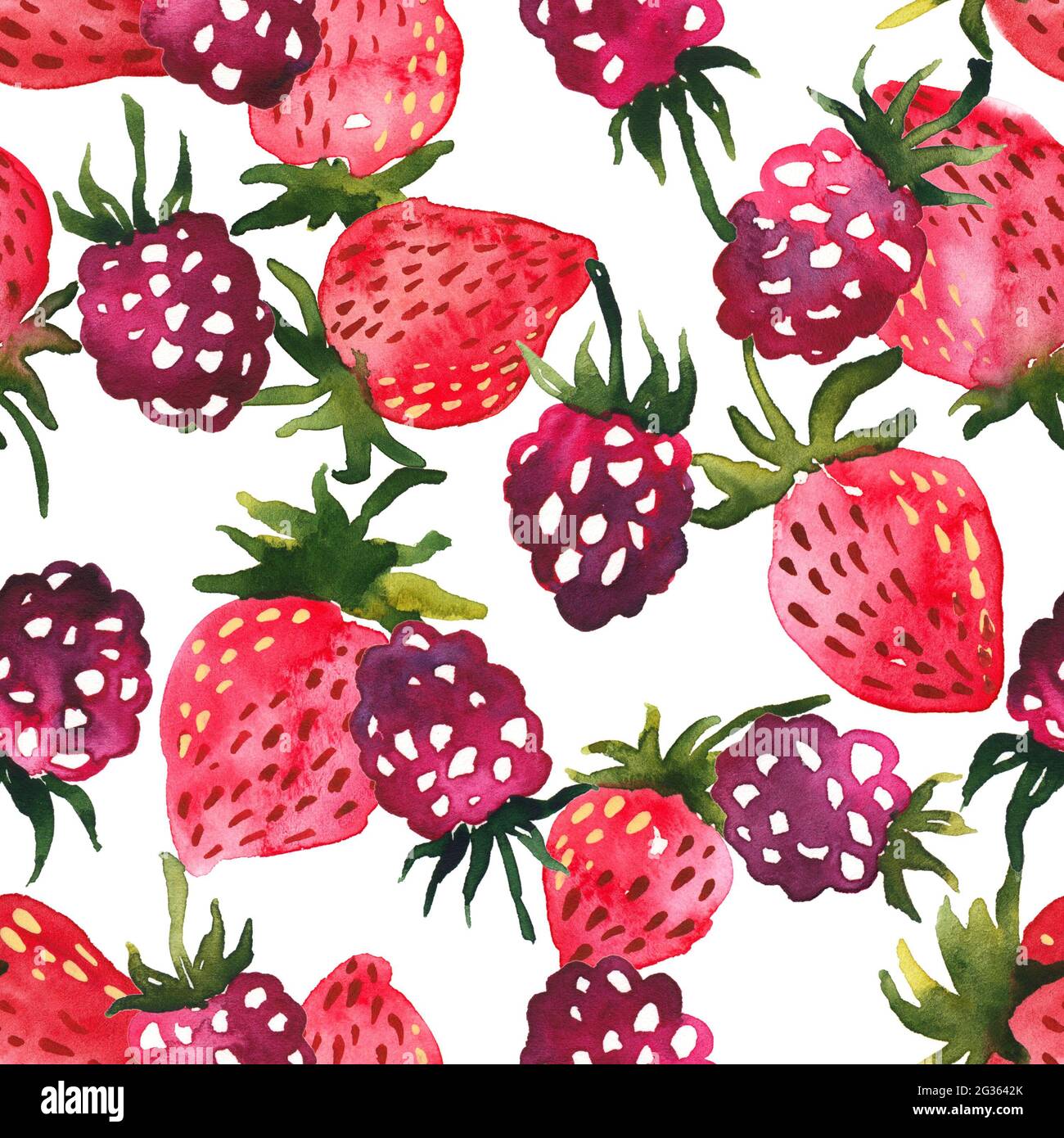 Aquarell-Nahtloses Muster mit Erdbeeren und Himbeeren Stockfoto