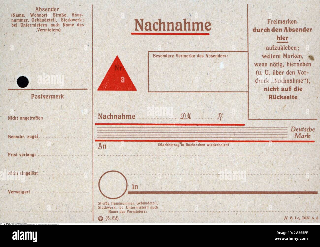 Post, Formular, Bundespost, Nachnahme, 1953, ZUSÄTZLICHE-RECHTE-FREIGABE-INFO-NICHT-VORHANDEN Stockfoto