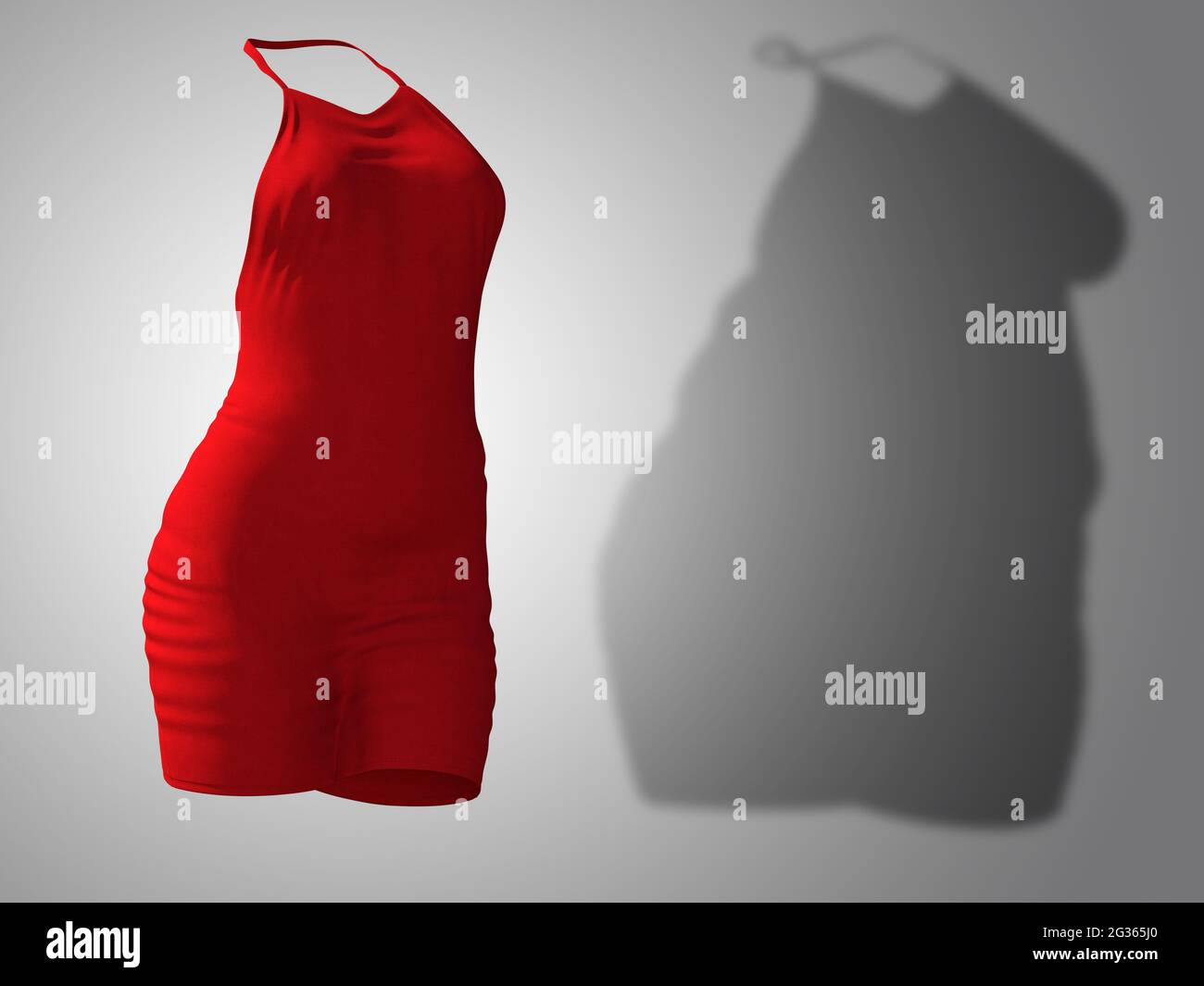 Conceptual Fat Übergewicht fettleibig Schatten weibliche Kleidung Outfit vs schlank fit gesunden Körper nach Gewichtsverlust oder Diät dünne junge Frau auf grau. Eine Fitness, Nuss Stockfoto