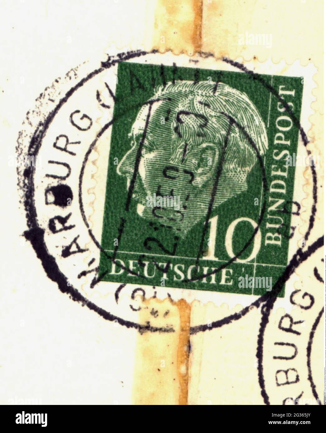 Briefmarken, Deutschland, Bundespost, 10 Pfennig-Briefmarke, 1955, ZUSÄTZLICHE-RIGHTS-CLEARANCE-INFO-NOT-AVAILABLE Stockfoto