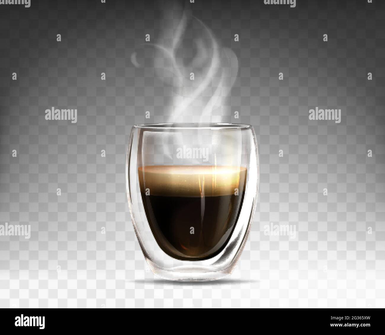 Realistischer, heiß dampfender Kaffee mit einer Tasse aus Glas. Becher mit Doppelwand voller Aroma americano. Espresso-Getränk mit Rauch isoliert auf transparentem Hintergrund. Vorlage für Werbung oder Produktdesign. Stock Vektor