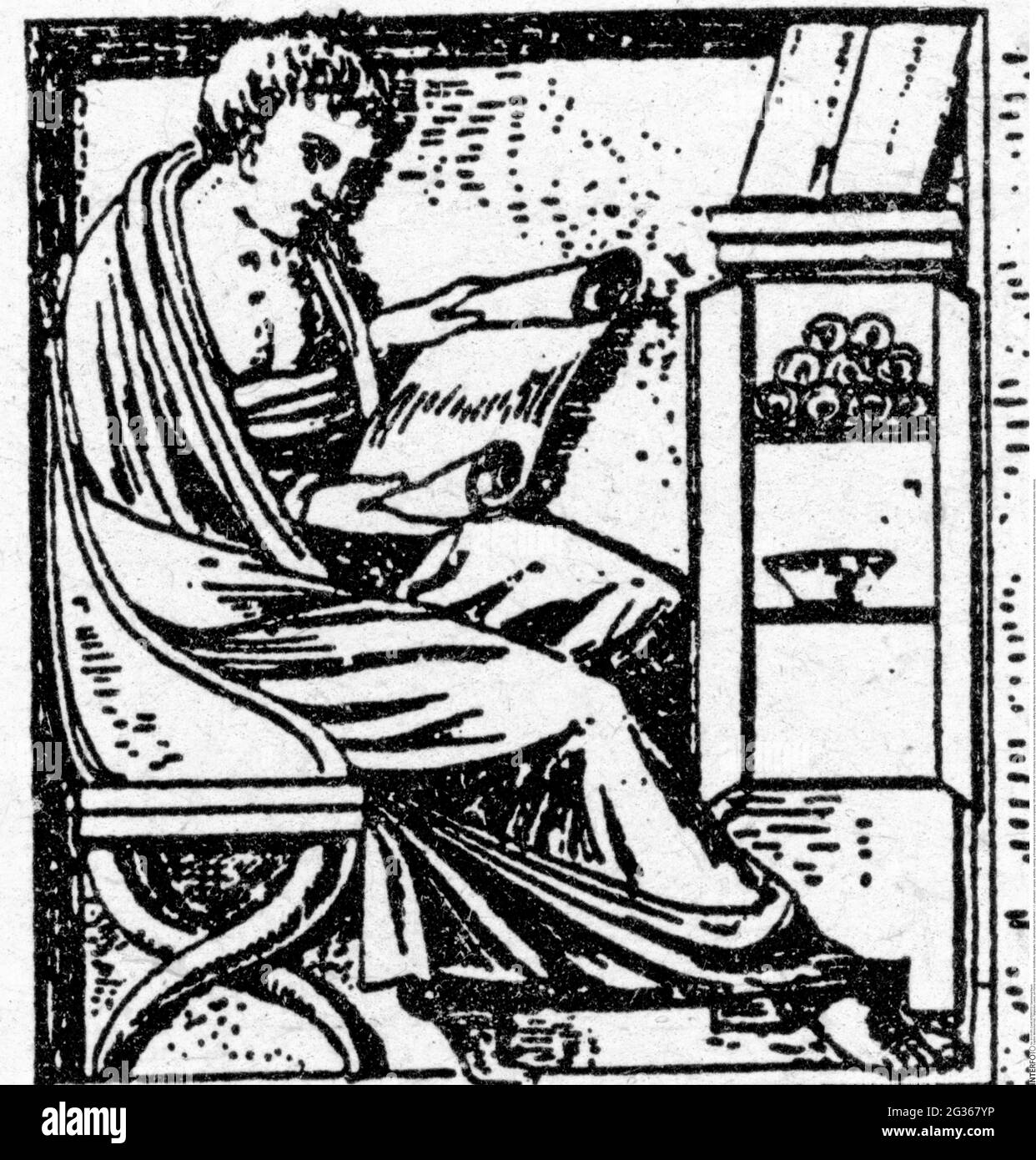 Menschen, Aktivitäten, Lesen, ein Römer liest in einer Schriftrolle, Holzstich, 19. Jahrhundert, zum Relief, ZUSÄTZLICHE-RECHTE-FREIGABE-INFO-NICHT-VERFÜGBAR Stockfoto