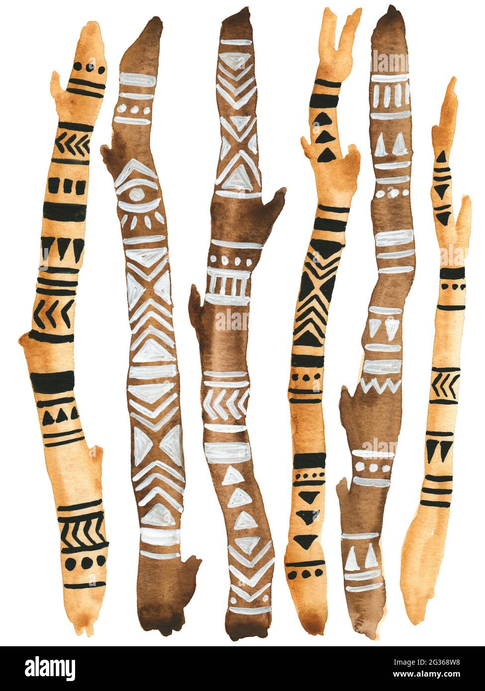 Afrikanisches Tribal-Muster bemaltes Treibholz. Aquarell Boho Sticks Illustration Stockfoto