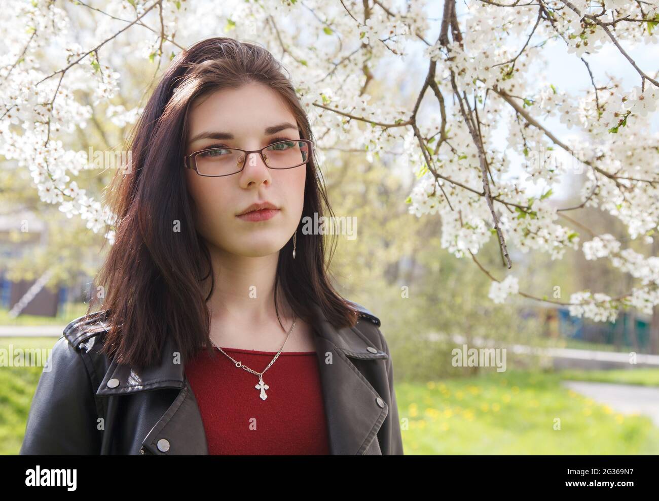 Porträt von jungen schönen Brünette Mädchen in schwarzer Jacke und burgunderroten Pullover stehen in der Nähe von Kirschblüten am sonnigen Frühlingstag. Outdoor-Nahaufnahme Stockfoto
