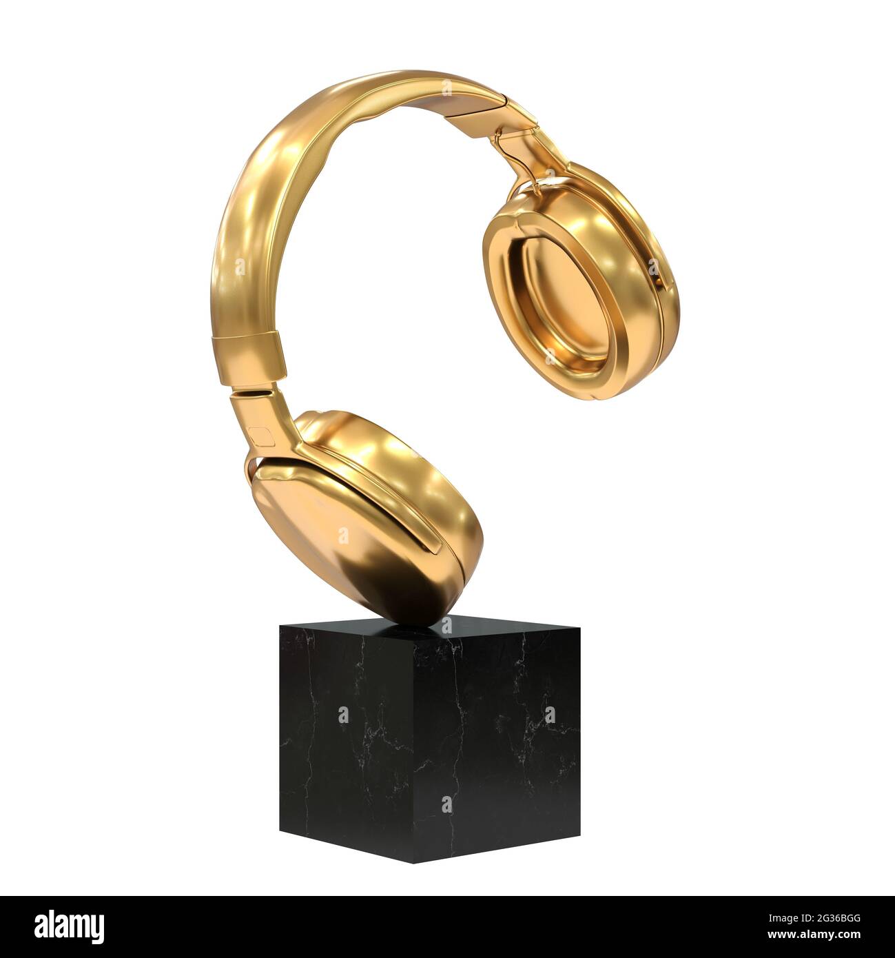 Trophäe in Form eines goldenen Kopfhörers - 3d-Rendering, weißer Hintergrund Stockfoto